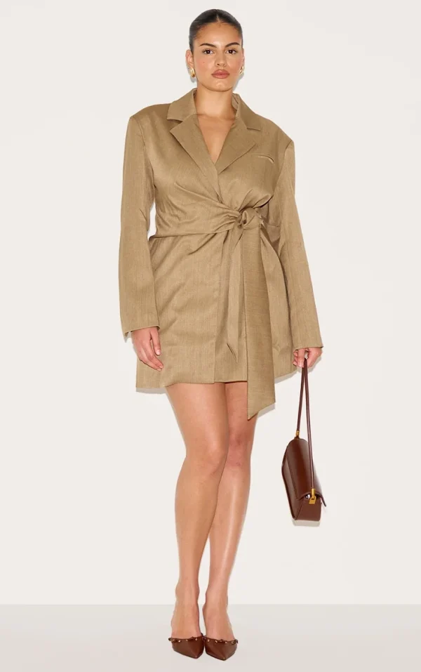Plus Taupe Woven Blazer Side Tie Mini Dress
