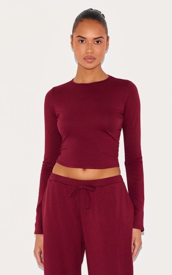 Burgundy Cotton Long Sleeve Crew Neck Top