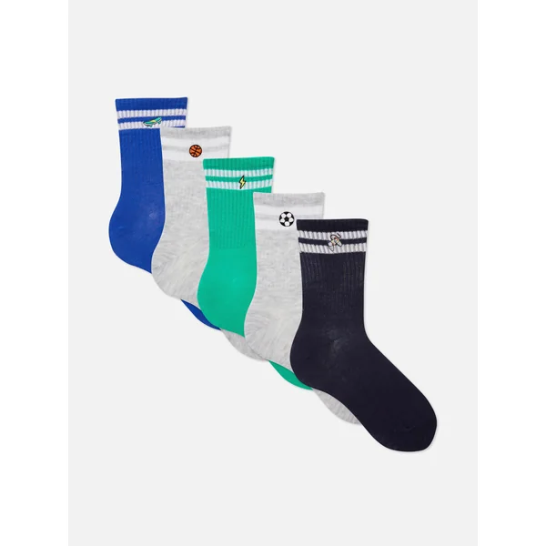 5-Pack Embroidered Ribbed Sports Socks - Multi