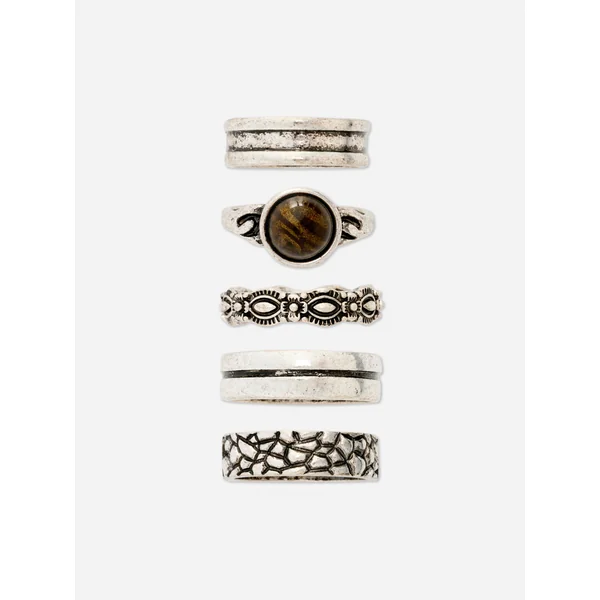 5-Pack Patterned Rings - Silver