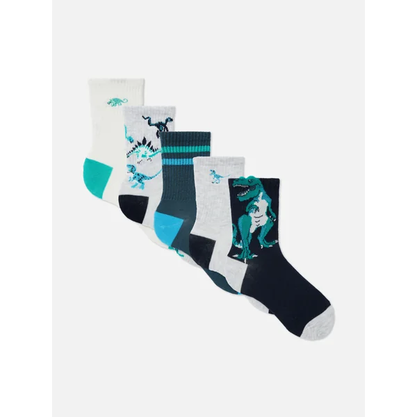 5-Pack Ribbed Dinosaur Sports Socks - Oatmeal