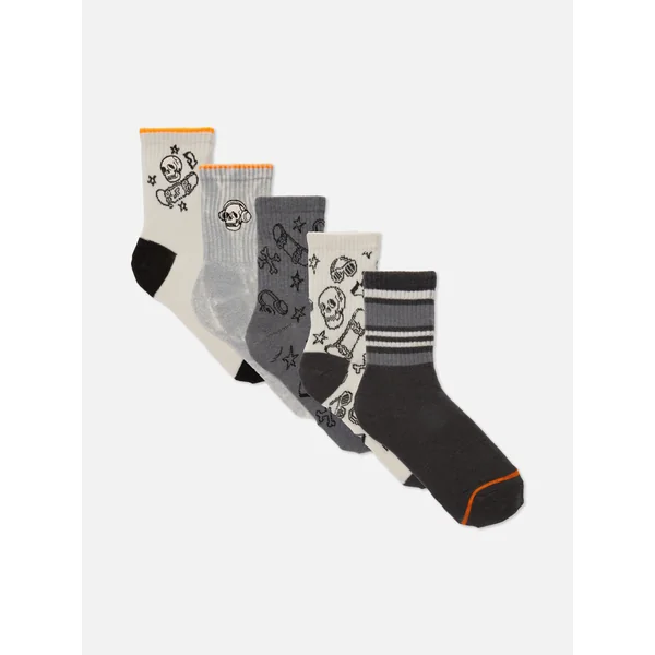 5-Pack Ribbed Skull Ankle Socks - Beige
