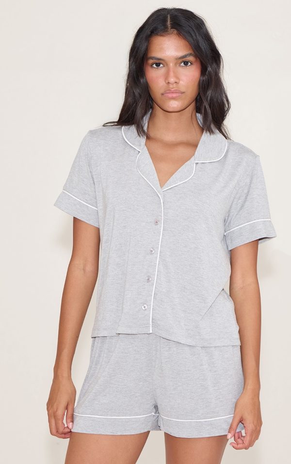 Grey Marl Modal Piping Short Pj Set