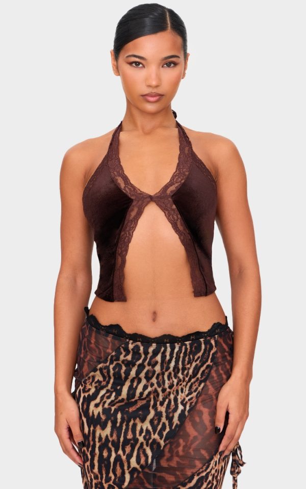 Chocolate Velvet Lace Split Hem Crop Top