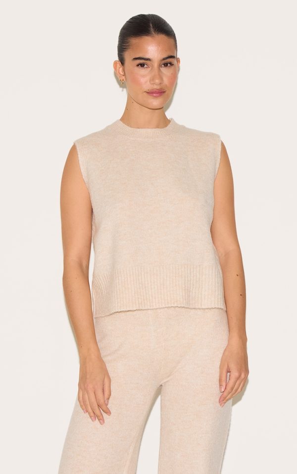 Oatmeal Marl Soft Knit High Neck Sleeveless Top