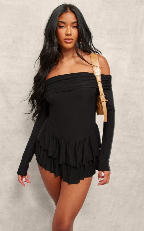 Black Slinky Long Sleeve Bardot Rara Skort Romper