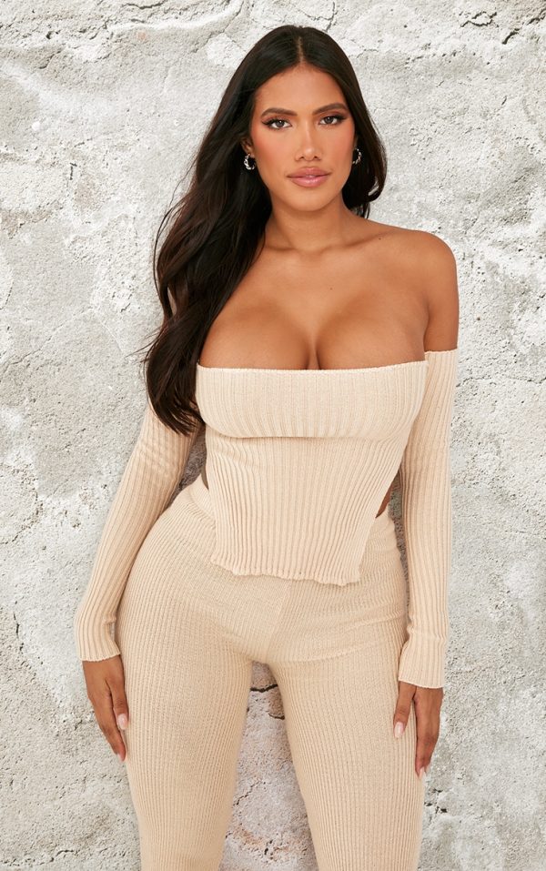 Shape Stone Knit Bardot Split Side Detail Top