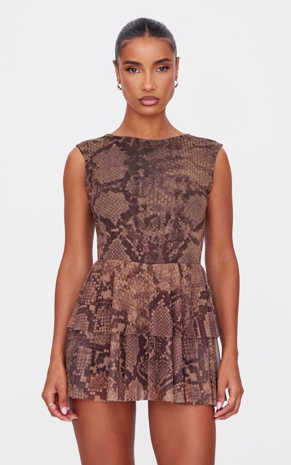 Brown Snake Print Mesh Rara Skort Romper