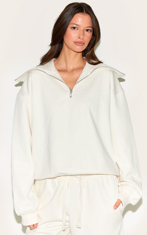 Cream Premium Loopback Quarter Zip Foldover Sweatshirt
