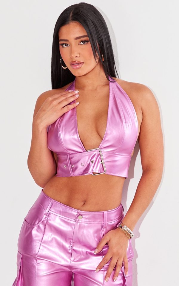 Shape Pink Metallic Faux Leather Halterneck Buckle Top