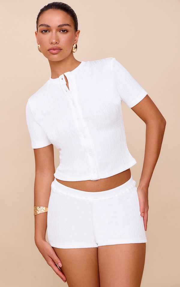 White Textured Button Up Longline Top