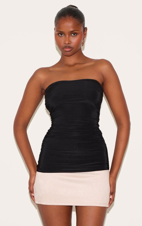 Black Double Layer Slinky Ruched Bandeau Longline Top