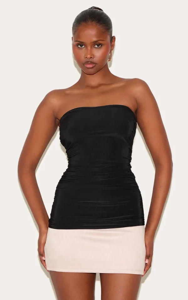 Black Double Layer Slinky Ruched Bandeau Longline Top