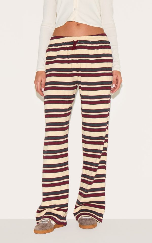 Burgundy Striped Rib Drawstring Wide Leg Pants