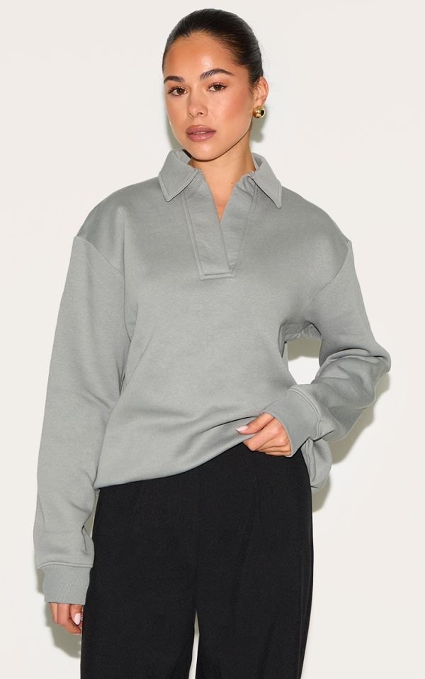 Light Grey Collar Detail Long Sleeve Sweatshirt