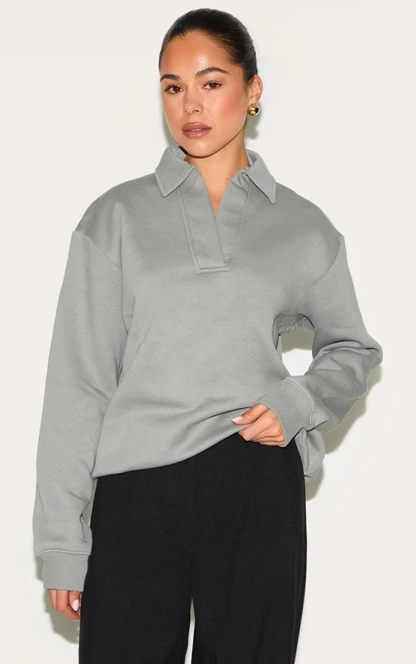 Light Grey Collar Detail Long Sleeve Sweatshirt