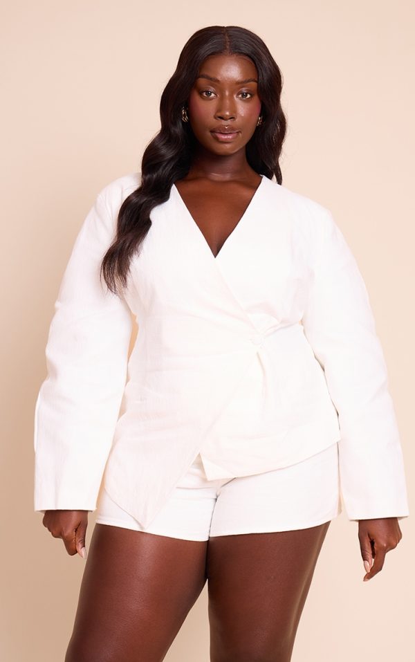 Plus White Premium Linen Tailored Cocoon Sleeve Cinched Blazer