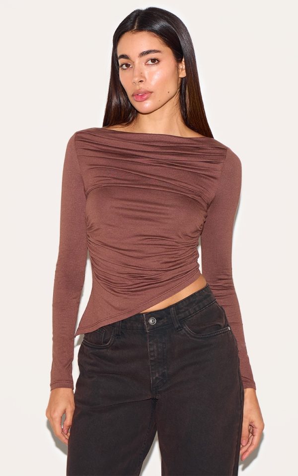 Mocha Ruched Detail Asymmetric Hem Long Sleeve Top