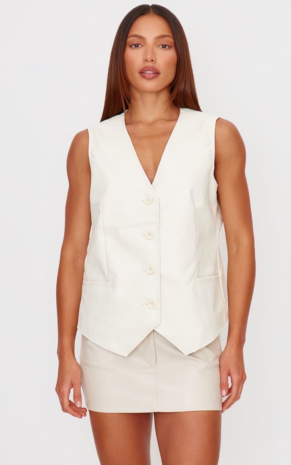 Cream Faux Leather Oversized Vest