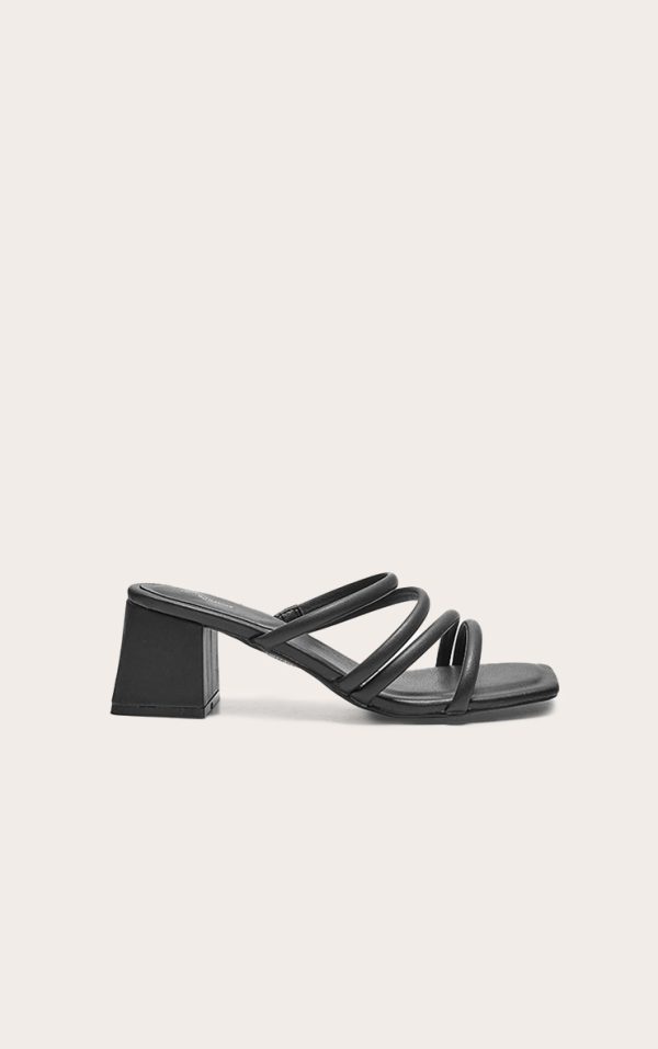 Black Wide Fit PU Square Toe Tube Strap Mid Block Heeled Sandals