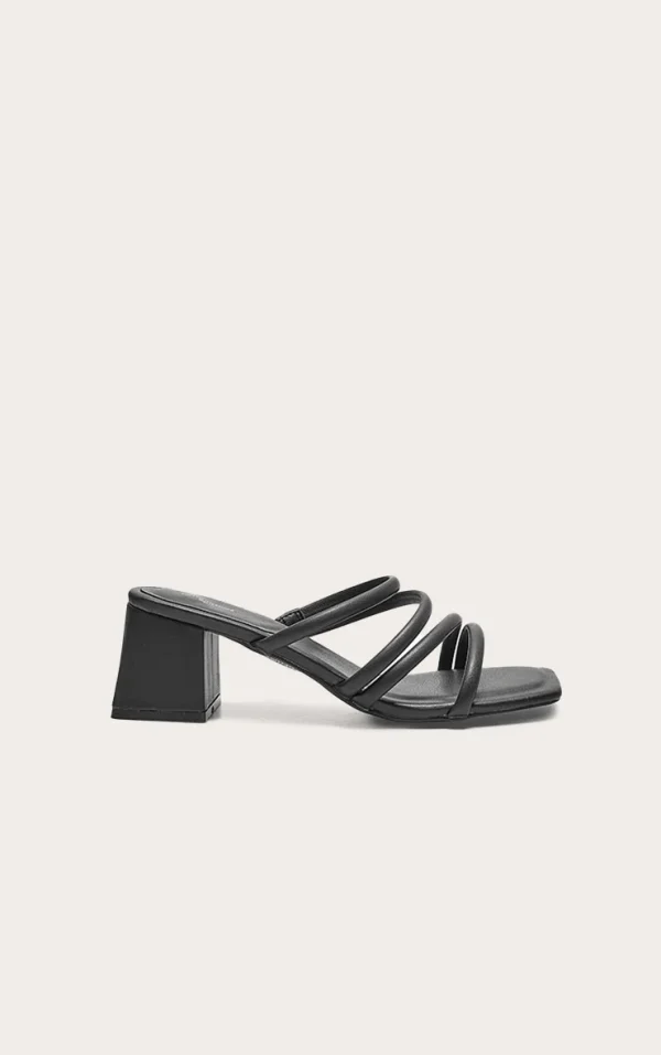 Black Wide Fit PU Square Toe Tube Strap Mid Block Heeled Sandals