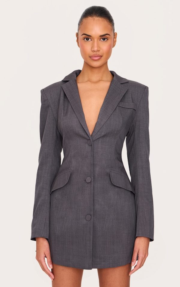 Charcoal Woven Cinched Waist Blazer Dress