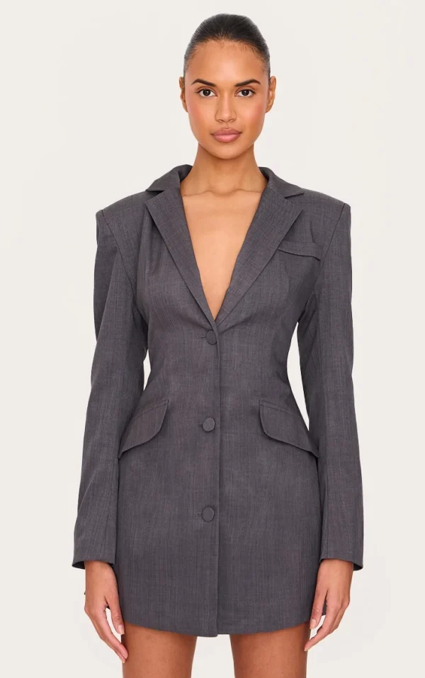 Charcoal Woven Cinched Waist Blazer Dress