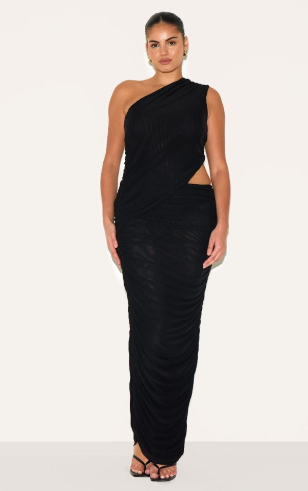 Plus Black One Shoulder Ruched Maxi Dress
