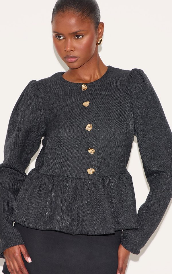 Black Button Up Peplum Balloon Sleeve Jacket