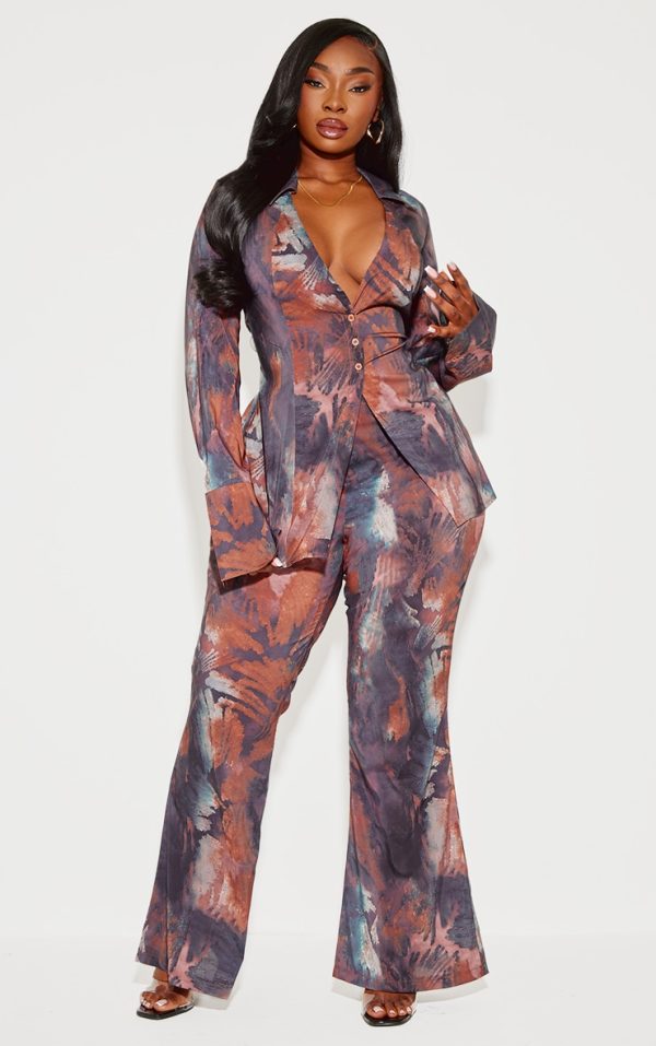 Plus Brown Abstract Print Chiffon Flare Pants