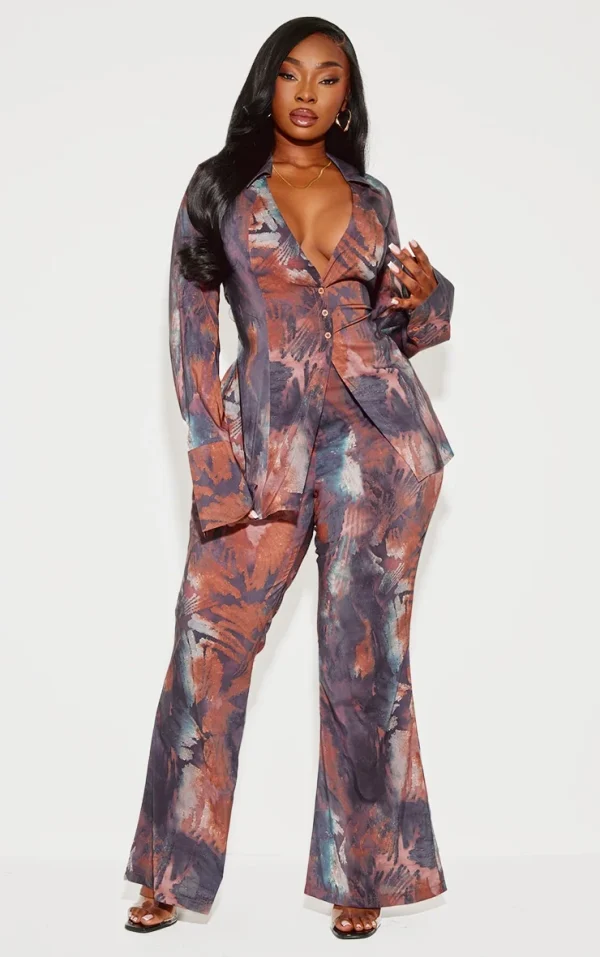 Plus Brown Abstract Print Chiffon Flare Pants