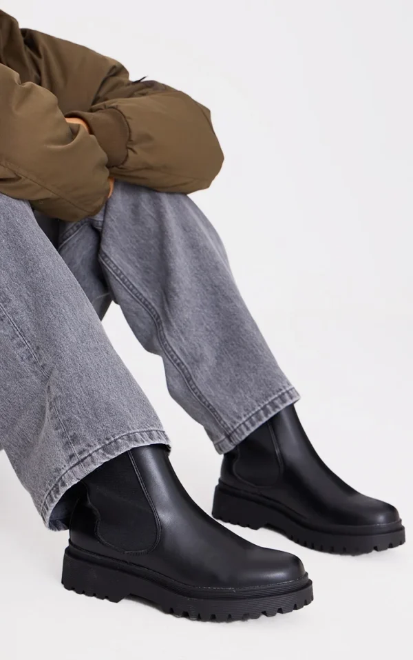 Black  Pu Round Toe Chelsea Ankle Boots