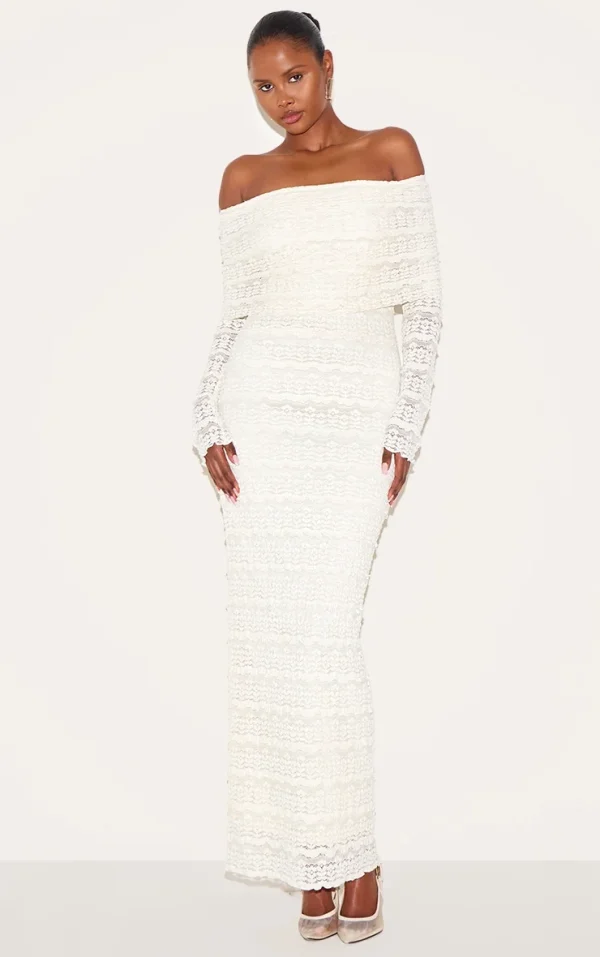 White Textured Bardot Maxi Dress