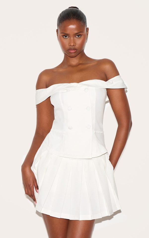 White Tailored Button Detail Bardot Pleated Skort Romper