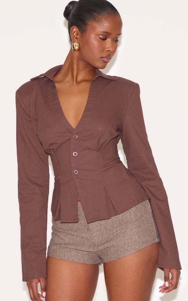 Brown Linen Blend Plunge Shoulder Padded Fitted Shirt