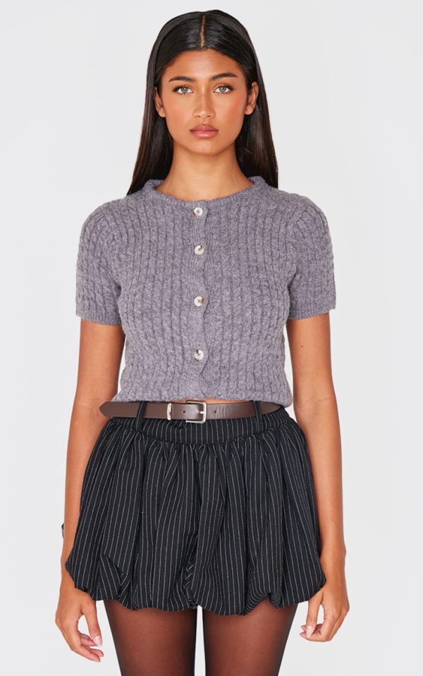 Charcoal Tight Cable Knit Button Up Short Sleeve Cardigan