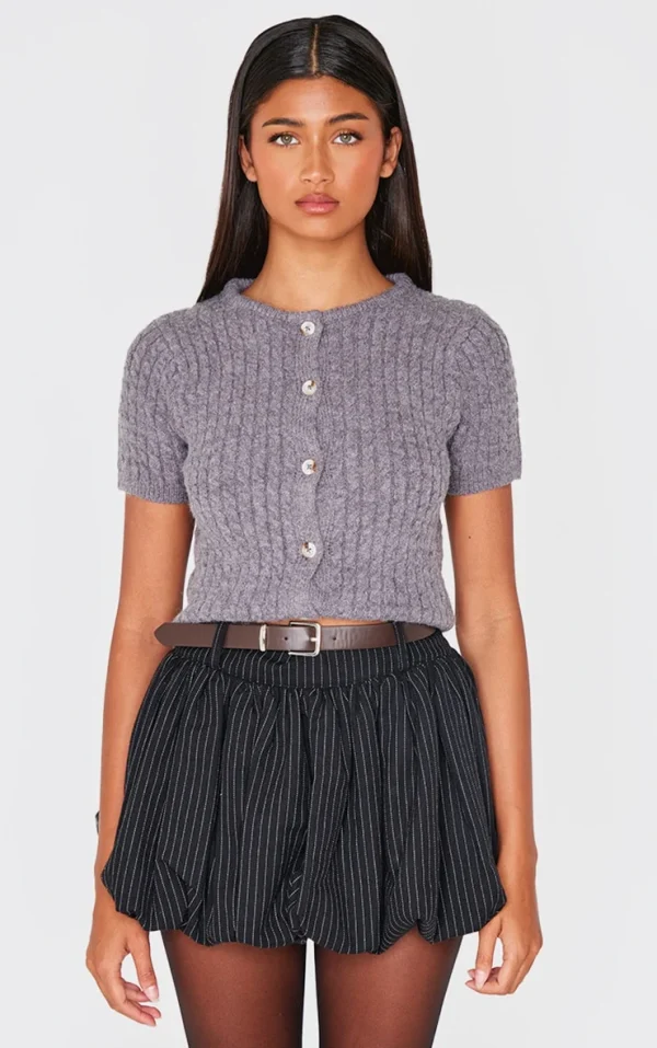 Charcoal Tight Cable Knit Button Up Short Sleeve Cardigan