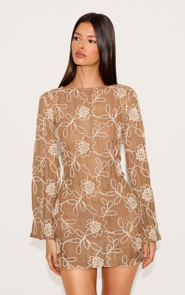Tan Textured Floral Long Sleeve Shift Dress