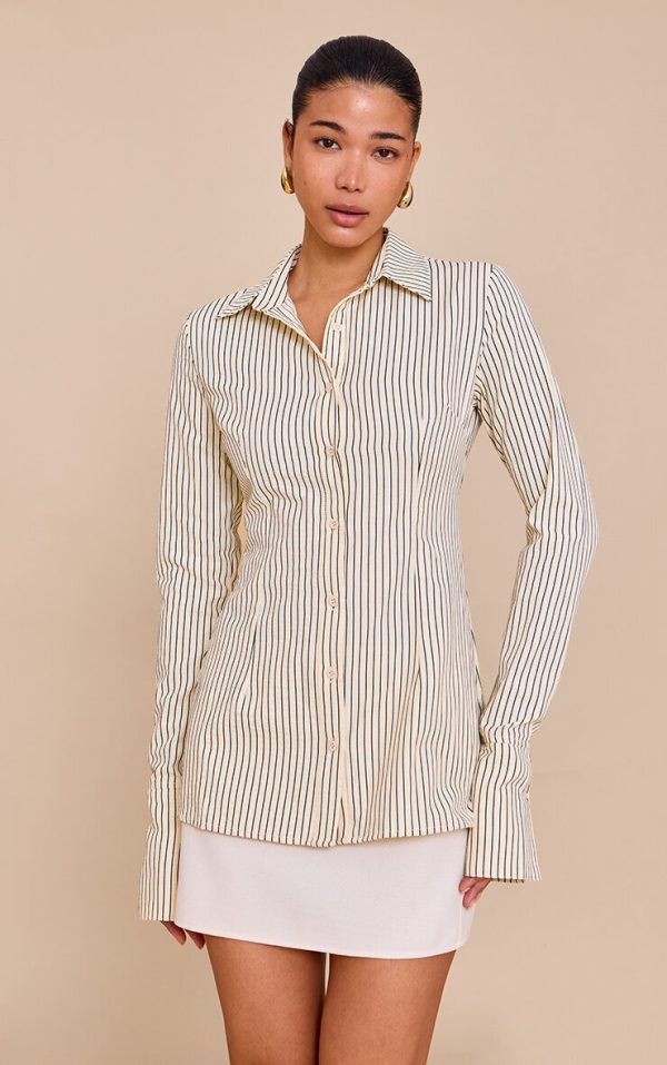 Beige Striped Woven Fitted Shirt