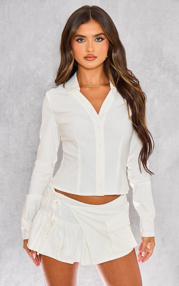 White Woven Long Sleeve Cargo Shirt