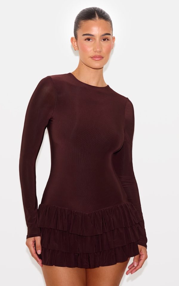 Chocolate Double Layer Slinky Long Sleeve Rara Skort Romper