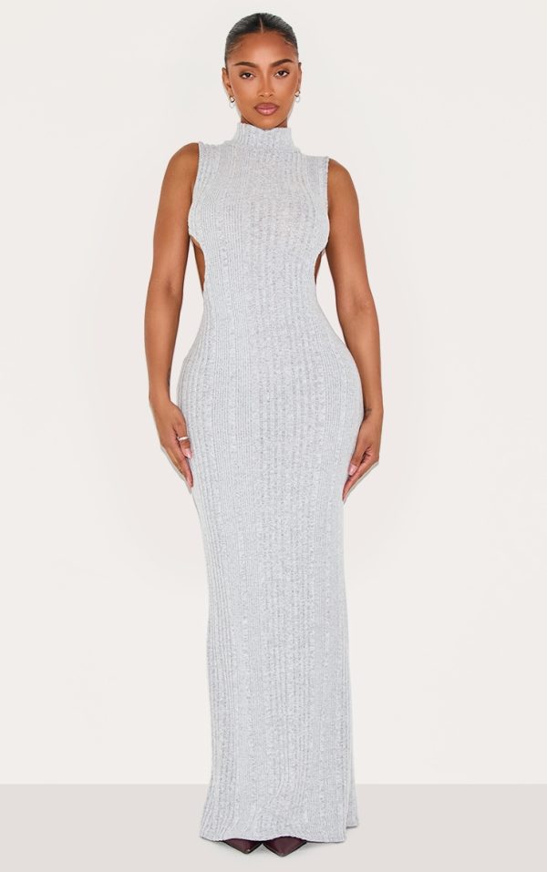 Shape Silver Brushed Rib High Neck Open Back Maxi Dress