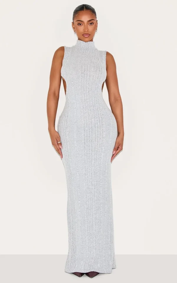 Shape Silver Brushed Rib High Neck Open Back Maxi Dress