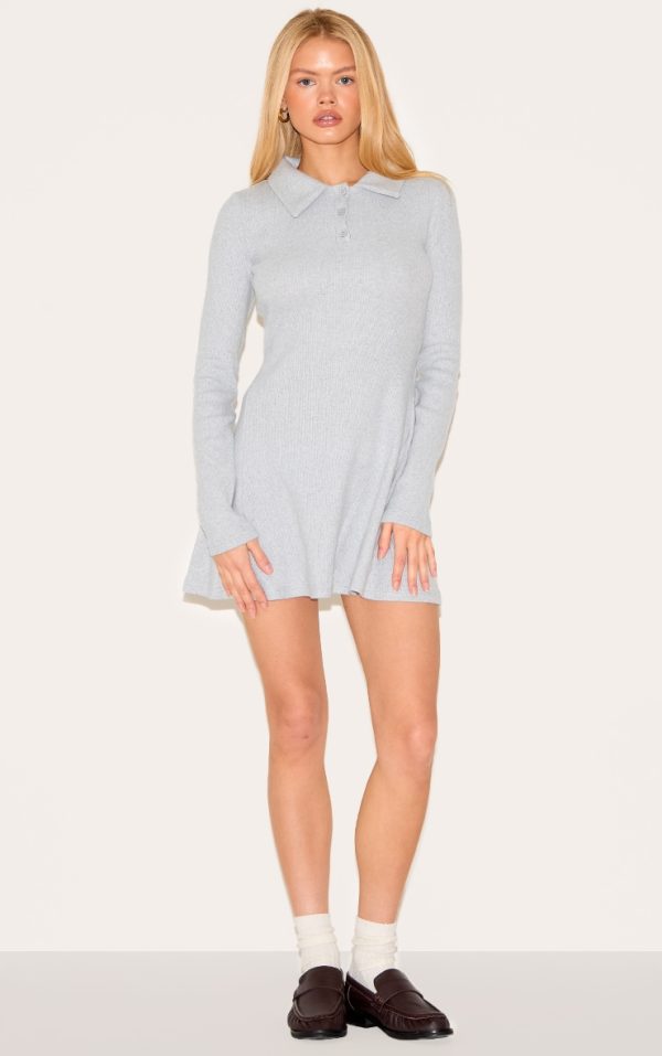 Grey Heavy Brushed Rib Button Up Shift Dress