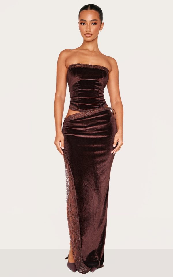 Petite Chocolate Velvet Lace Trim Detail Maxi Skirt
