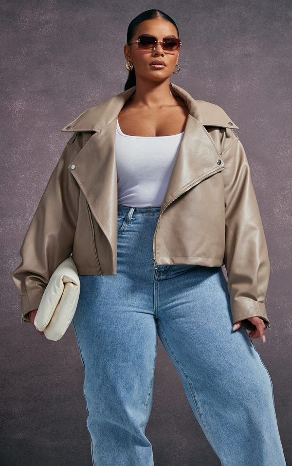 Plus Taupe Faux Leather Quilted Lining Oversized Biker Jacket