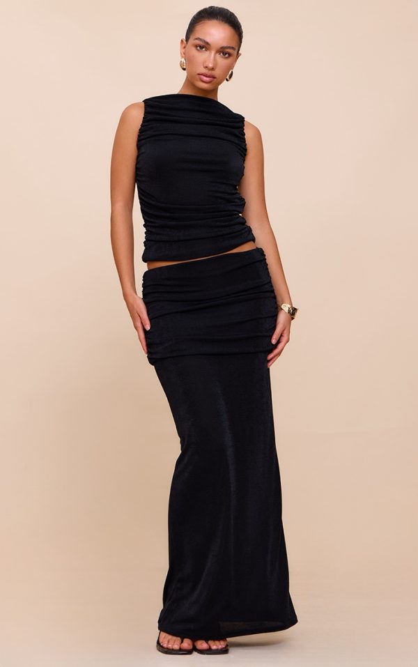 Black Acetate Slinky Ruched Low Rise Maxi Skirt