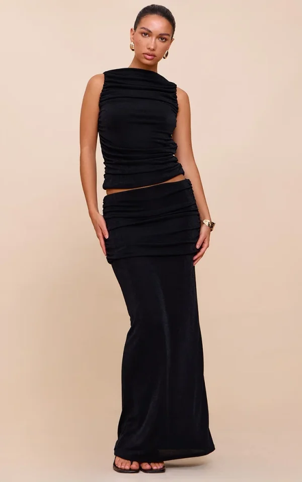 Black Acetate Slinky Ruched Low Rise Maxi Skirt