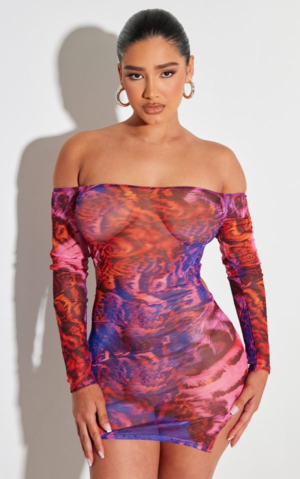 Shape Purple Printed Mesh Long Sleeve Bardot Cut Out Bodycon Dress