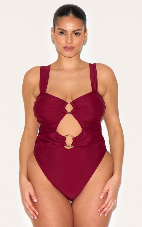 Plus Burgundy O Ring Ruched Cut Out Swimsuit